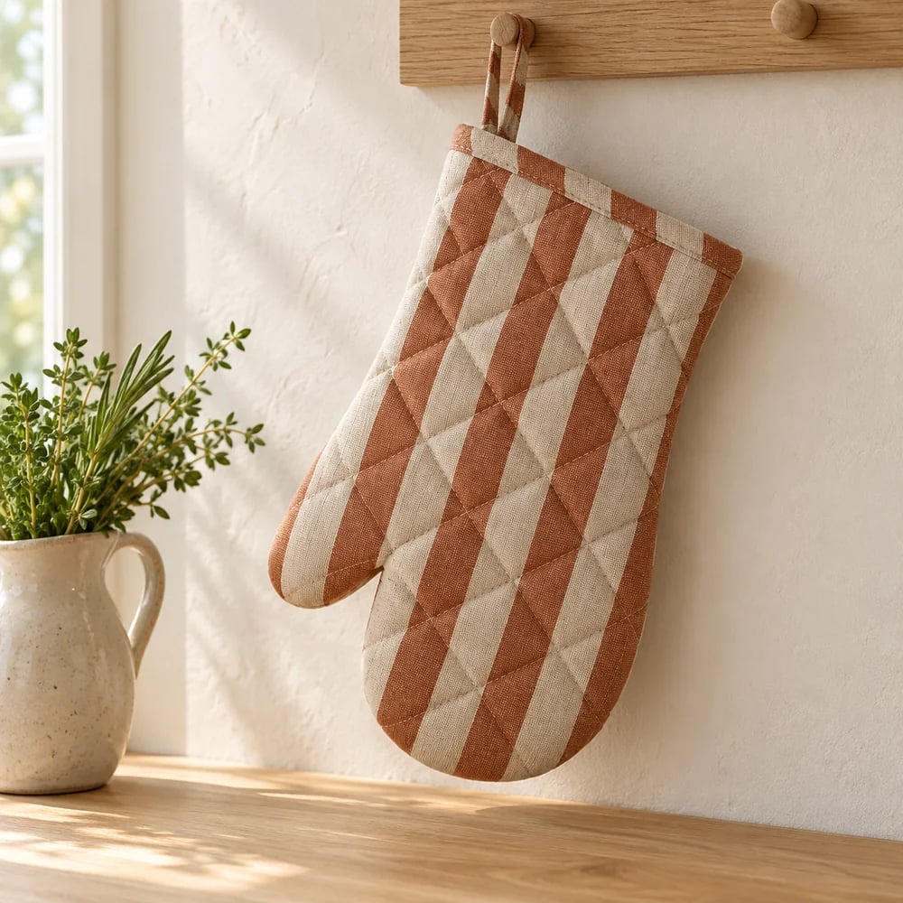 Striped oven mitt in natural linen