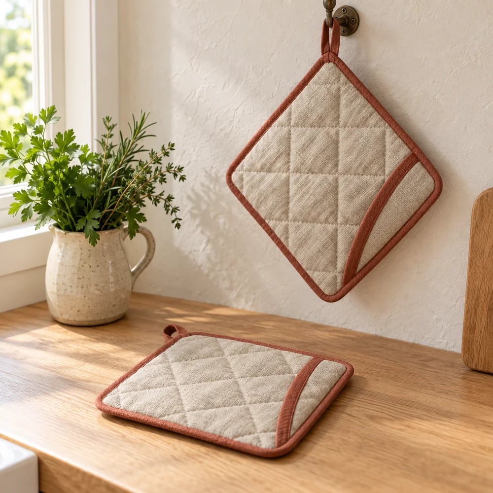 Pocket pot holder in natural linen