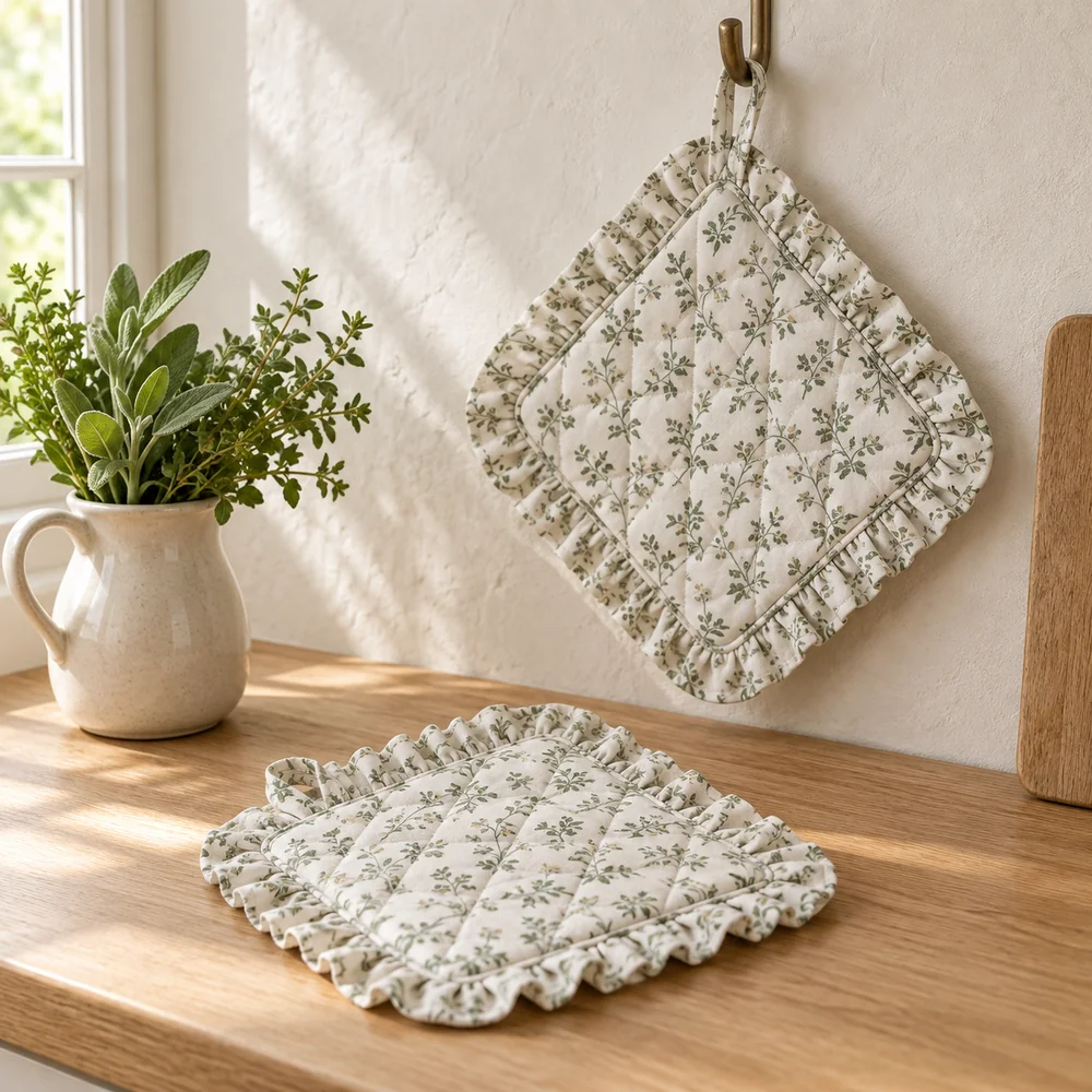 Ruffled printed pot holder in white