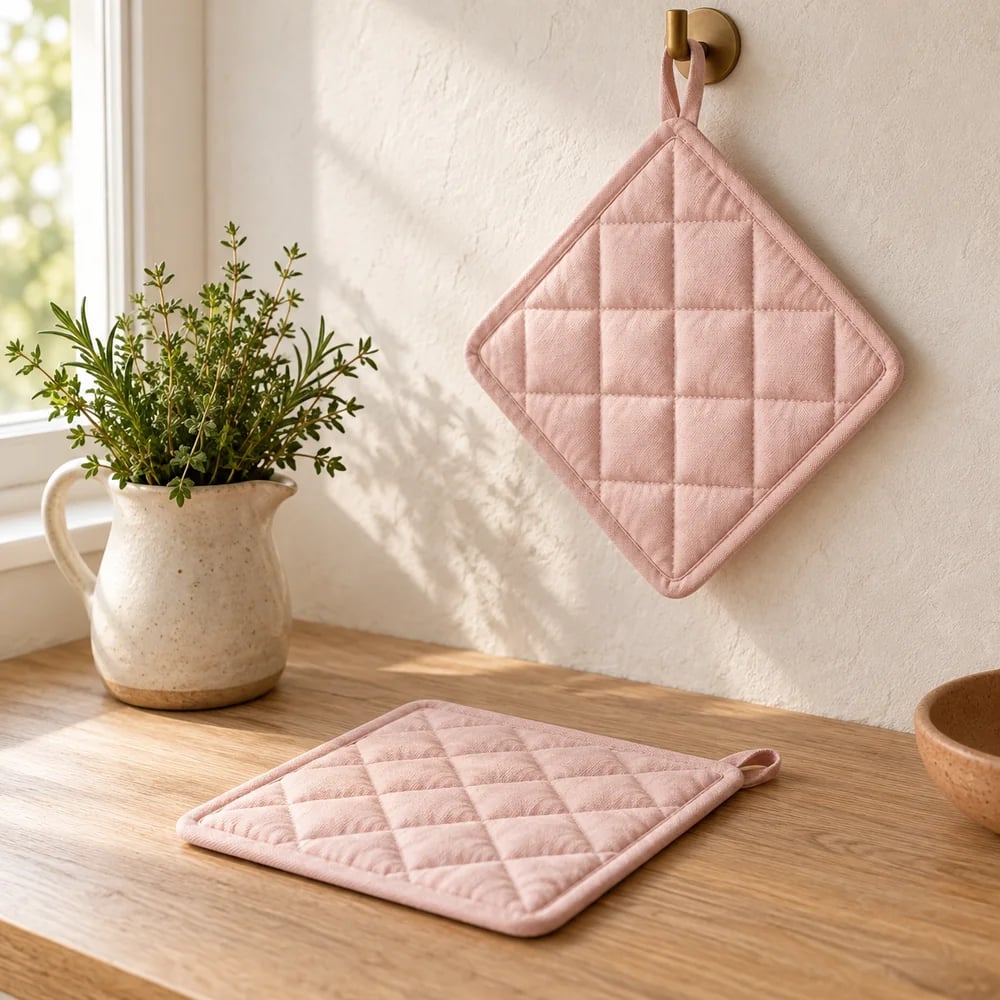 Square quilted pot holder in blush pink