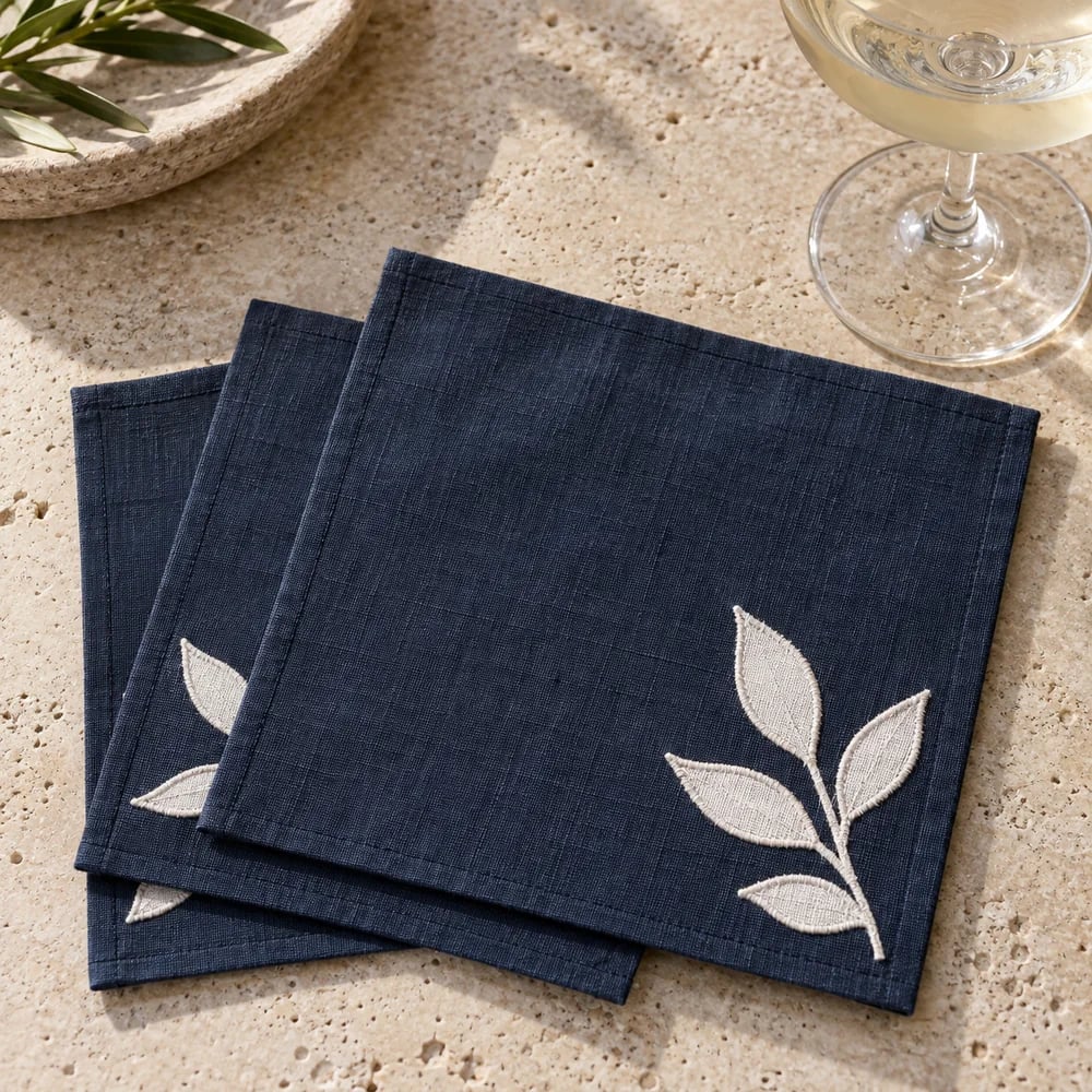 Navy cocktail napkin, appliqué
