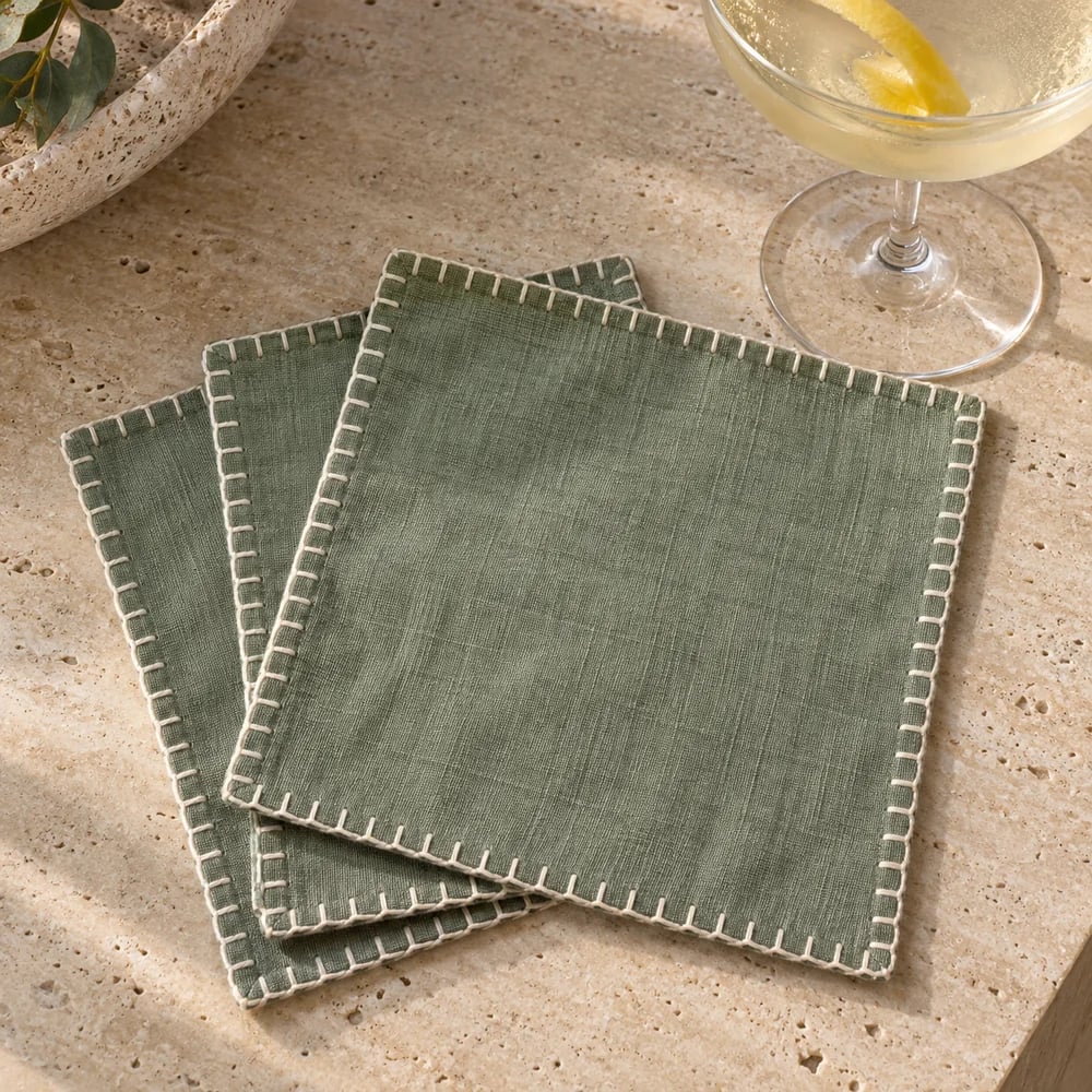 Eucalyptus cocktail napkin, blanket stitch edge