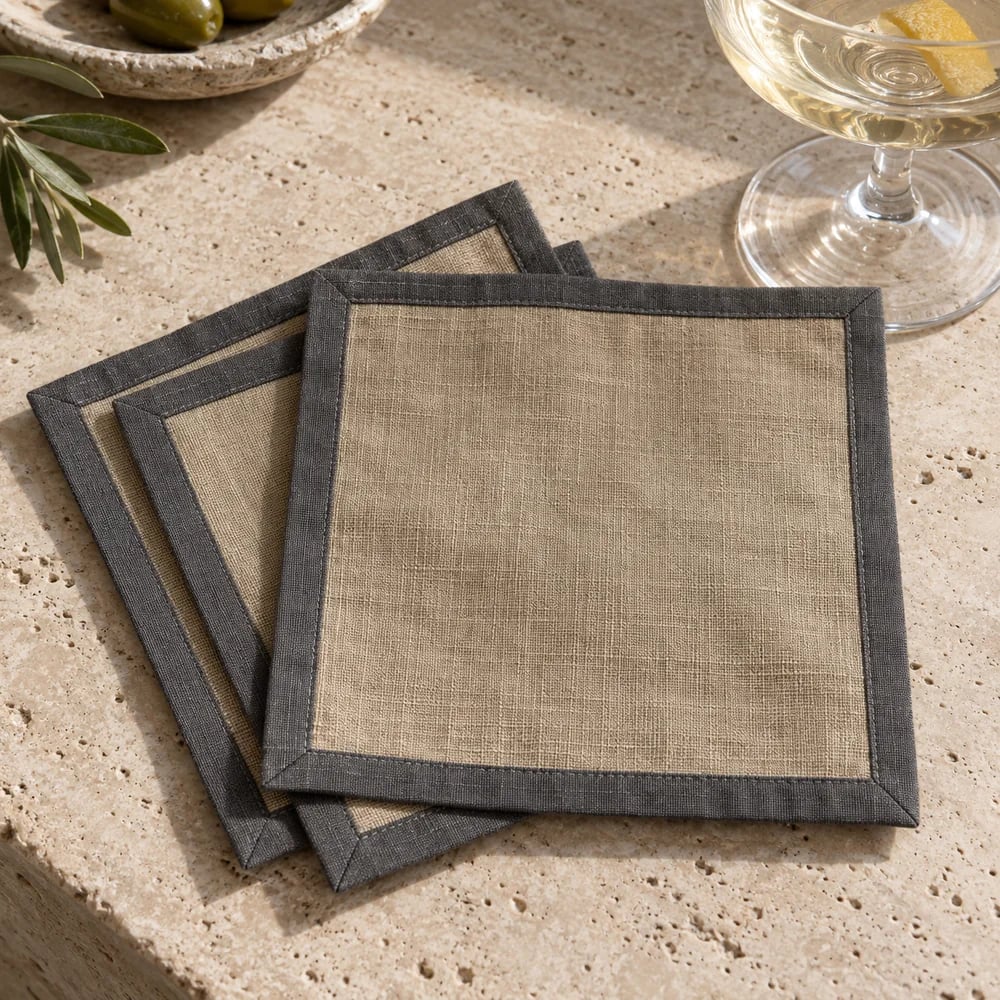Flax cocktail napkin, contrast bound edge