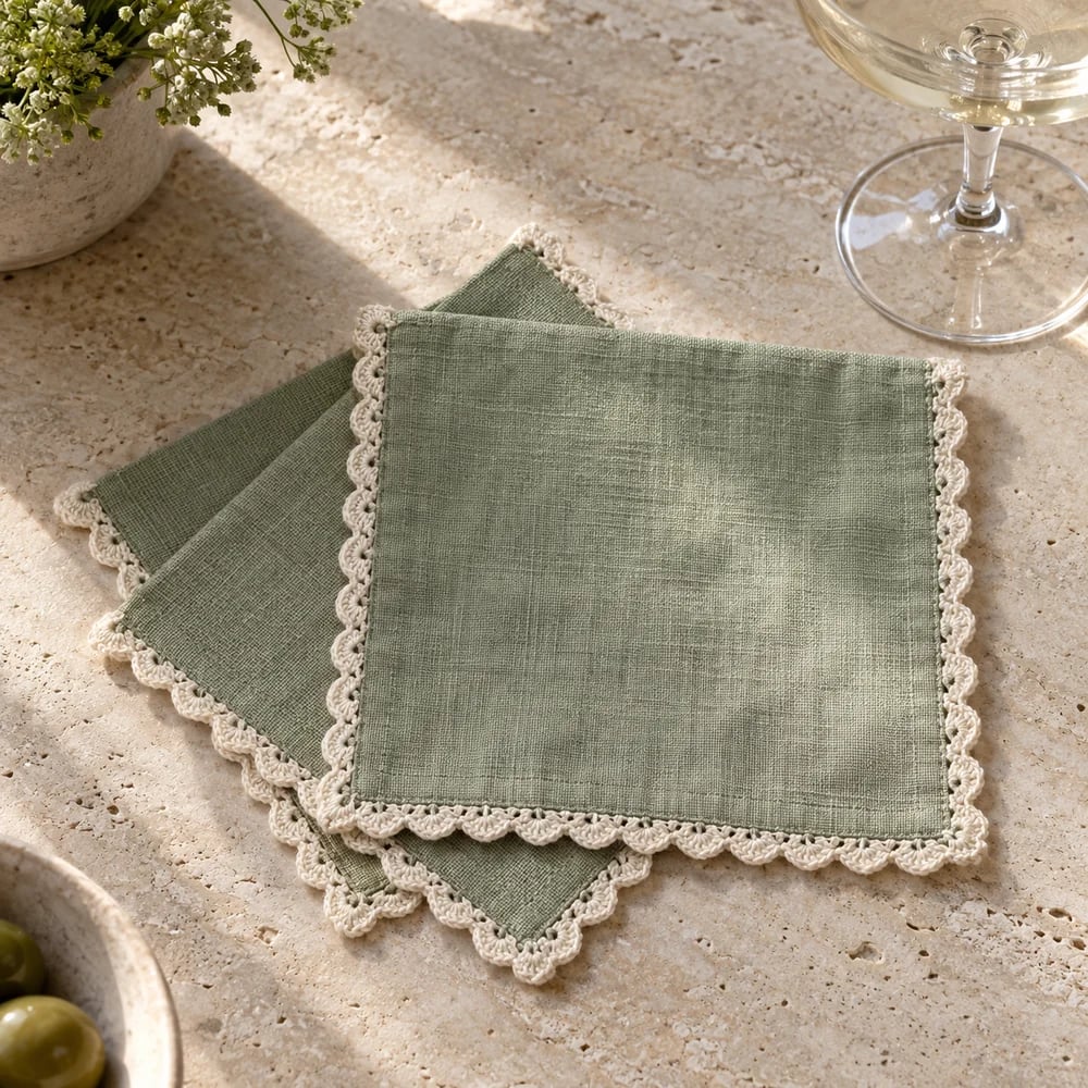 Sage cocktail napkin, crochet edge