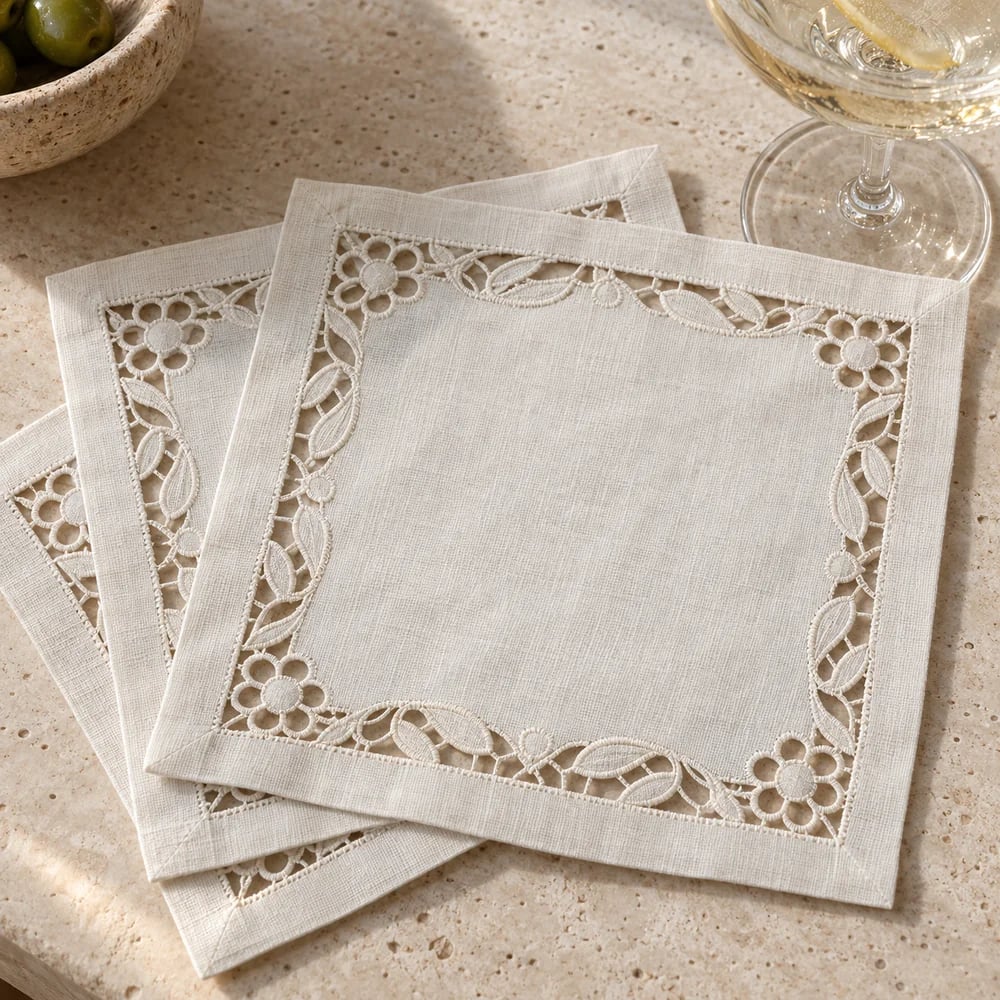 Ivory cocktail napkin, cutwork