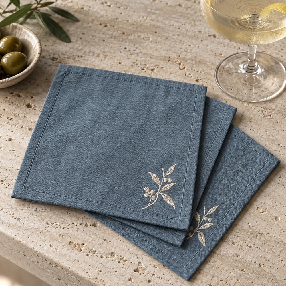 Slate blue cocktail napkin, embroidered