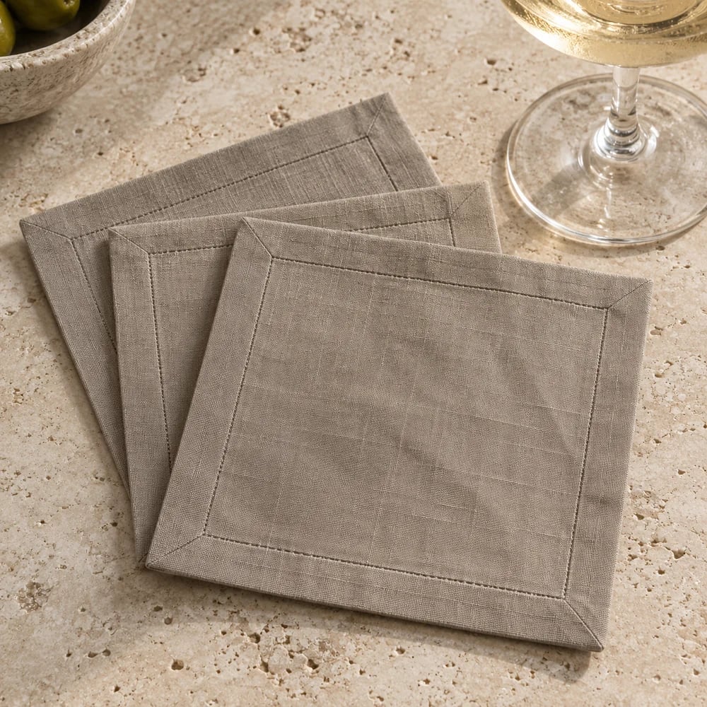 Taupe cocktail napkin, hemmed, mitred corners