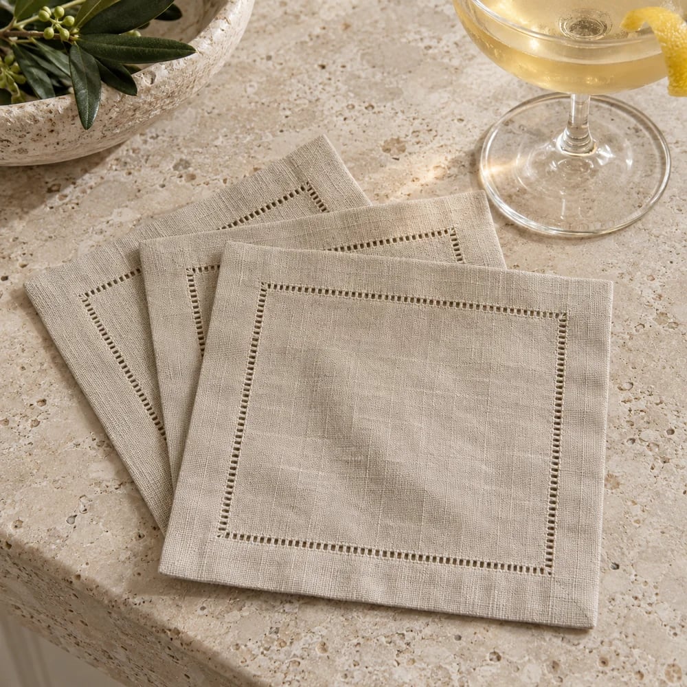 Oatmeal cocktail napkin, hemstitched