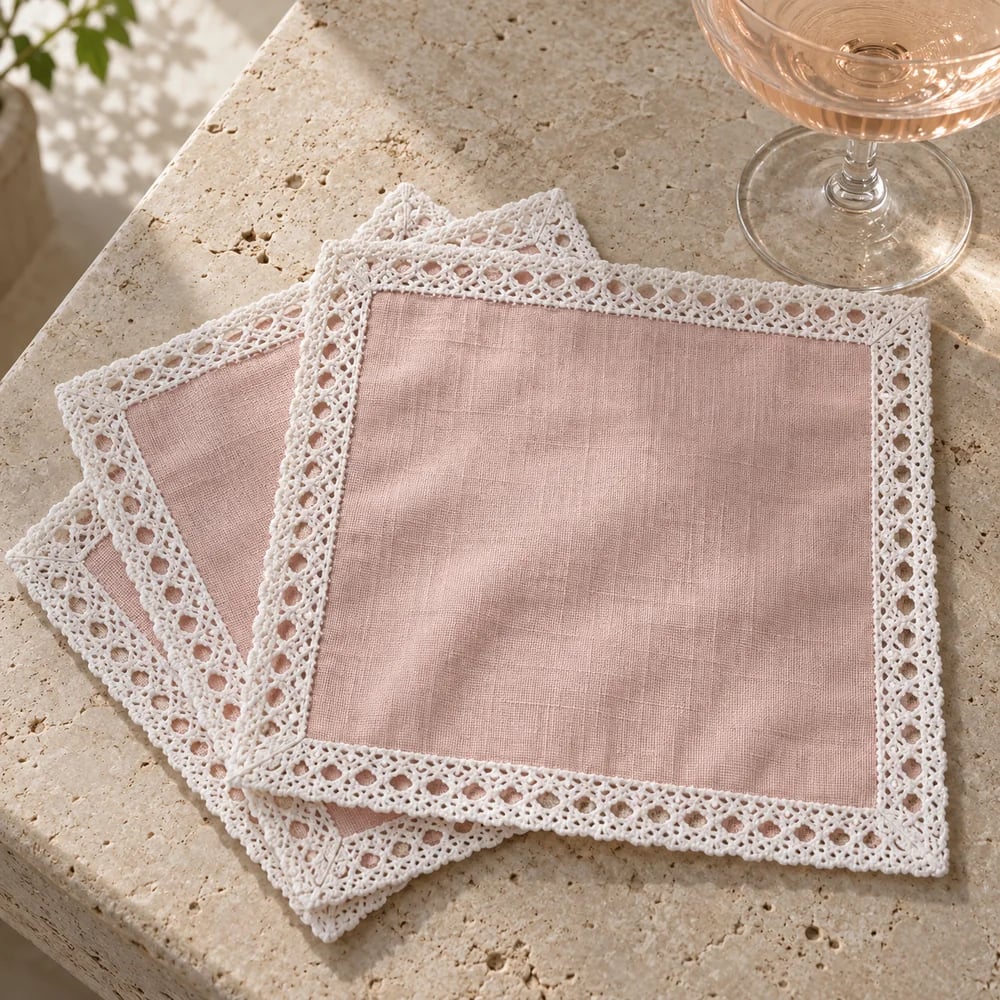Blush pink cocktail napkin, lace trim