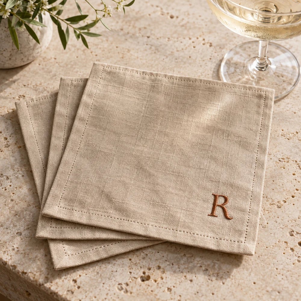 Natural linen cocktail napkin, monogrammed