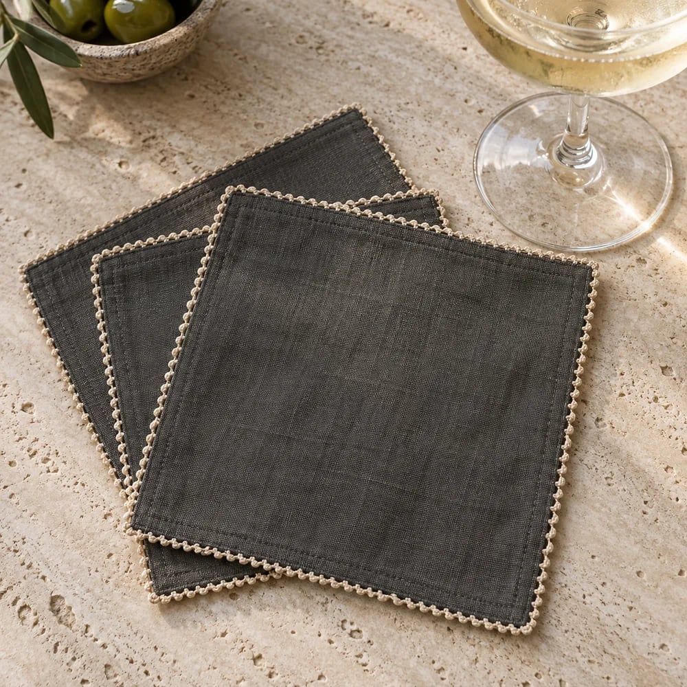 Charcoal cocktail napkin, picot edge