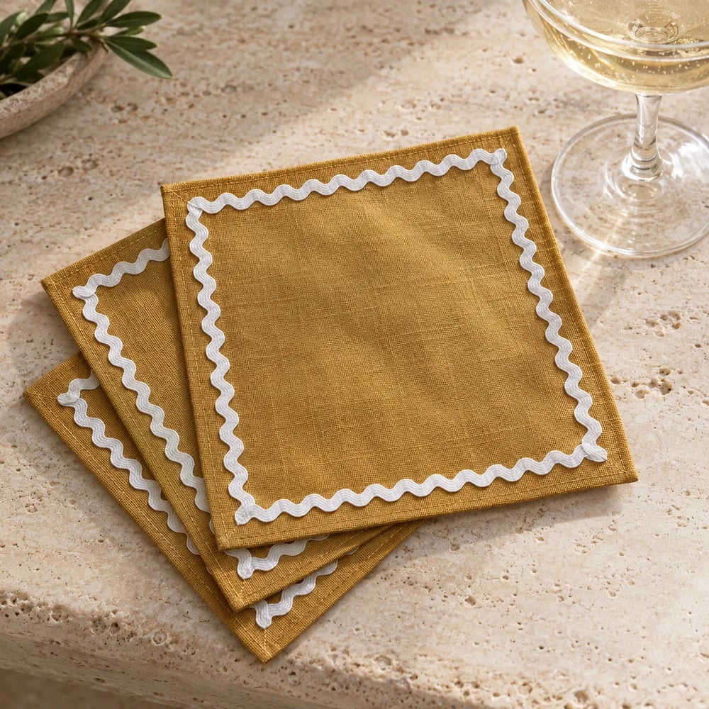 Ochre cocktail napkin, ric rac trim