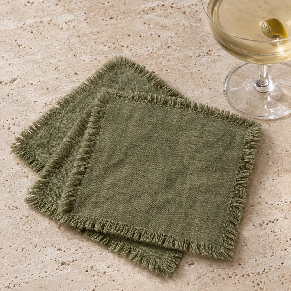Olive cocktail napkin, self fringed