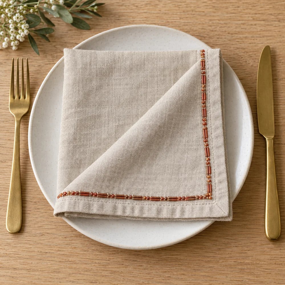Natural linen dinner napkin, bead embroidery