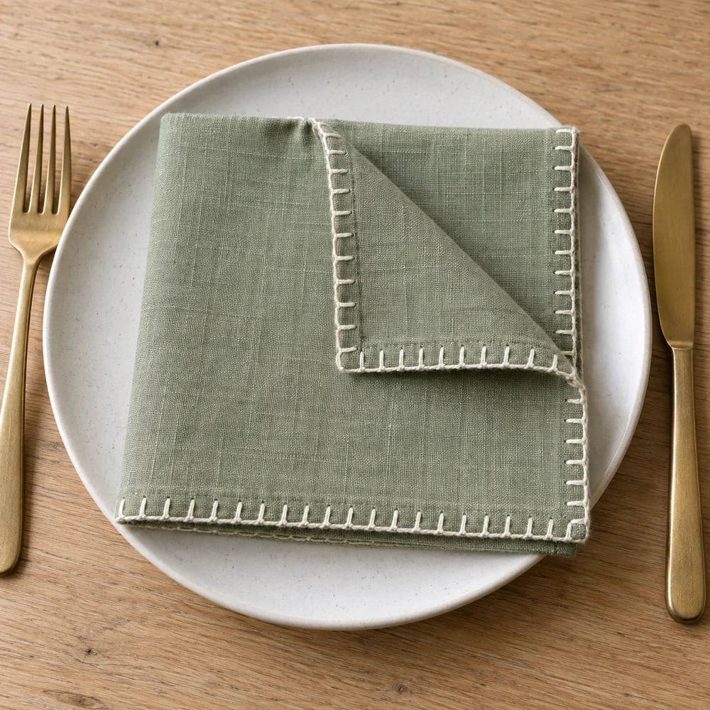 Sage dinner napkin, blanket stitch edge