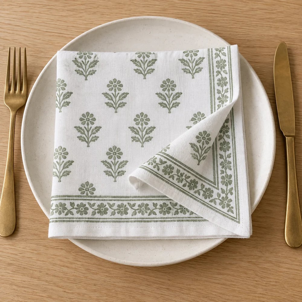 White dinner napkin, hand block printed