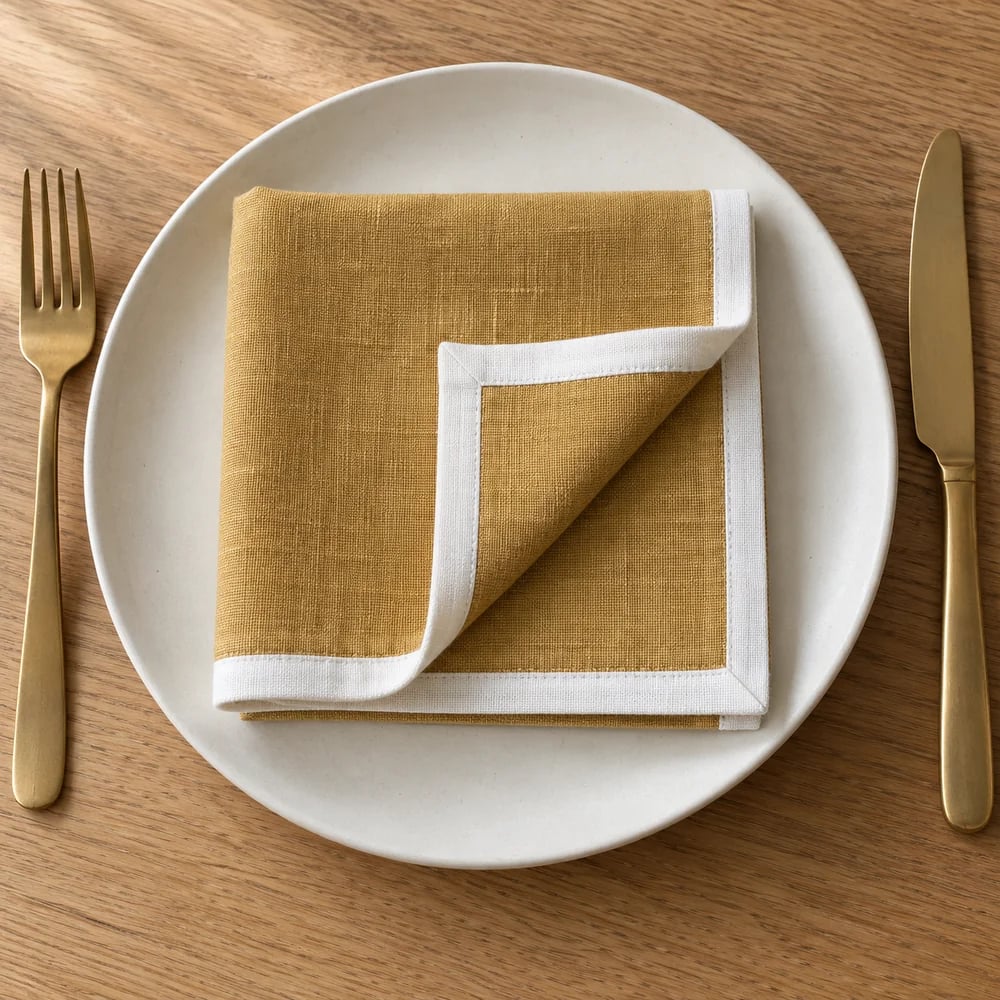Ochre dinner napkin, contrast bound edge