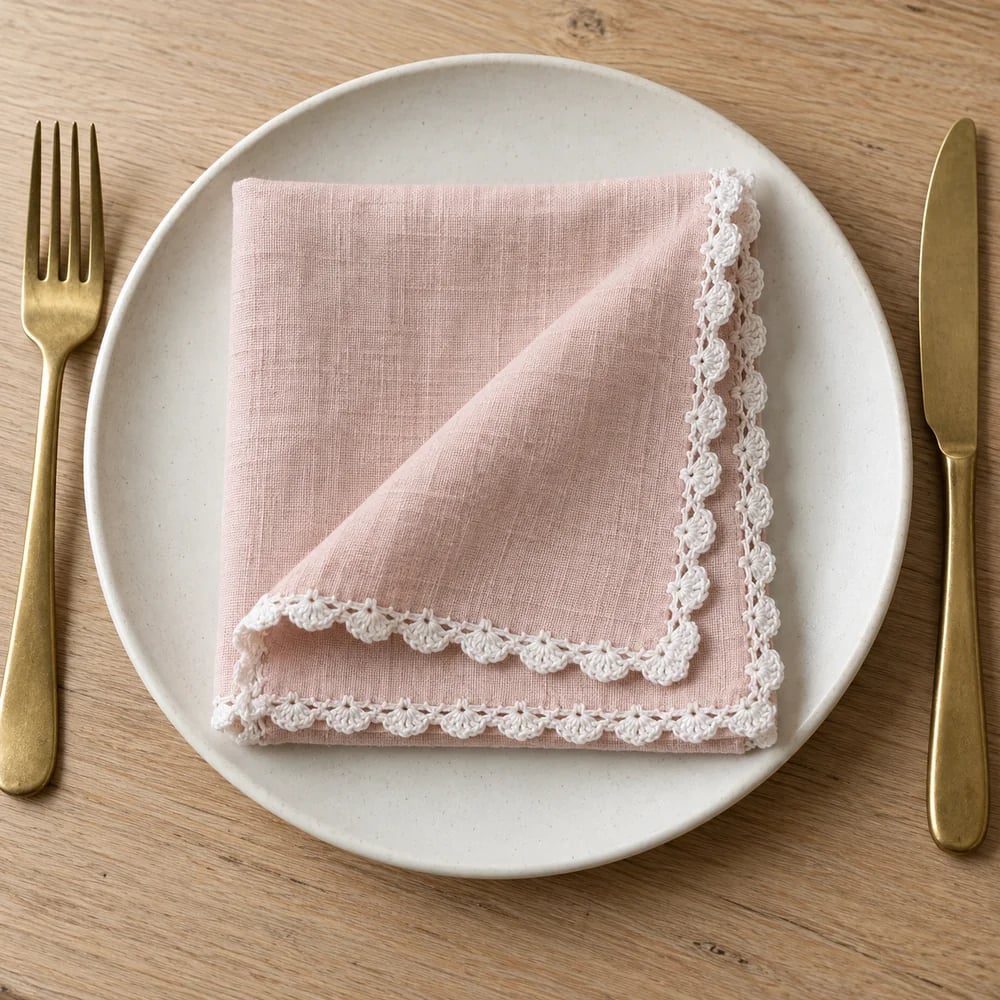Blush pink dinner napkin, crochet edge