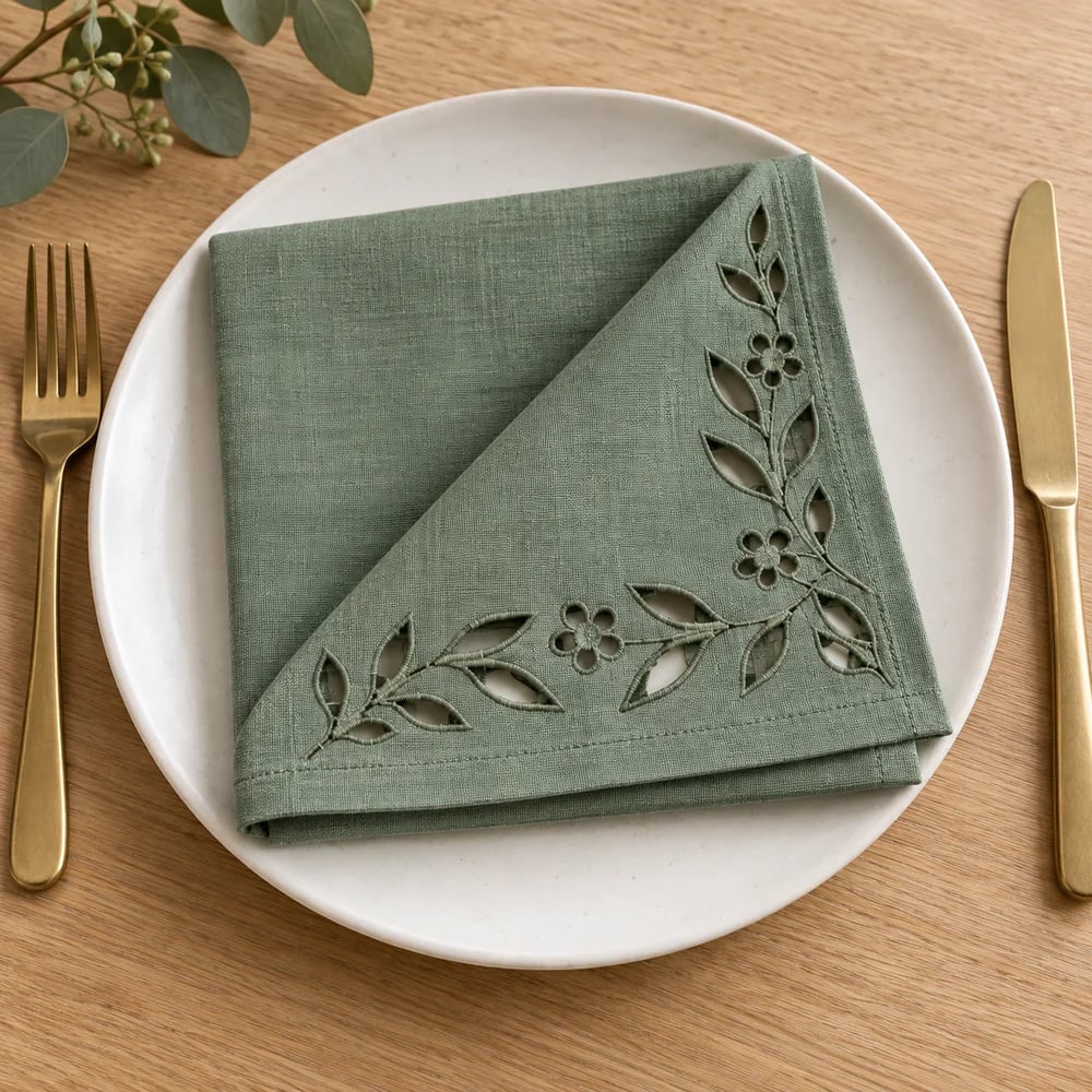 Eucalyptus dinner napkin, cutwork