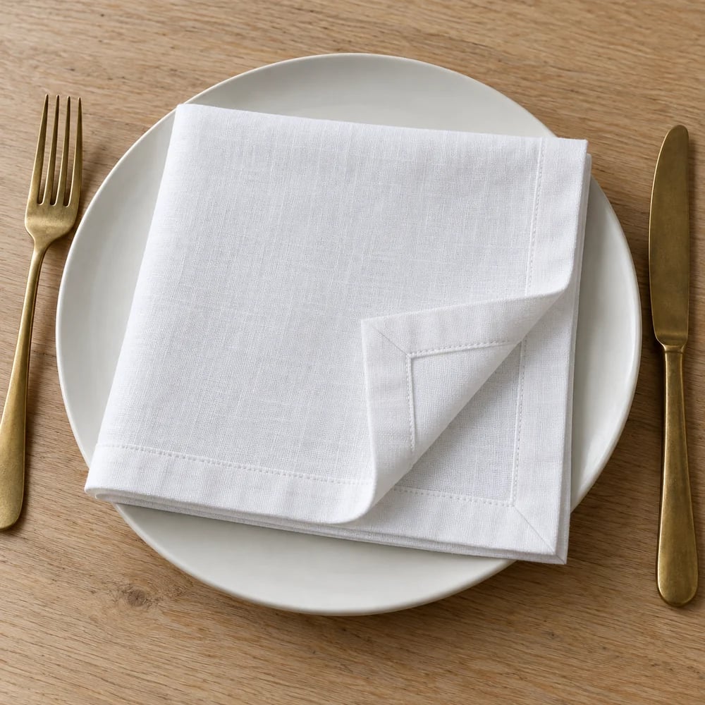 White dinner napkin, hemmed, mitred corners
