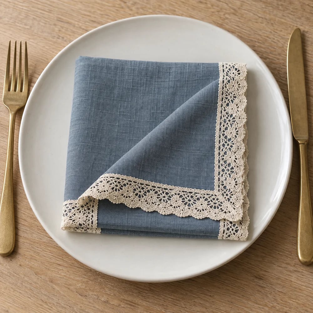 Slate blue dinner napkin, lace trim