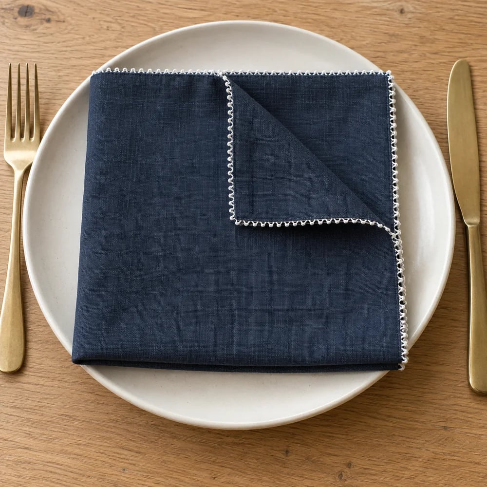 Navy dinner napkin, picot edge