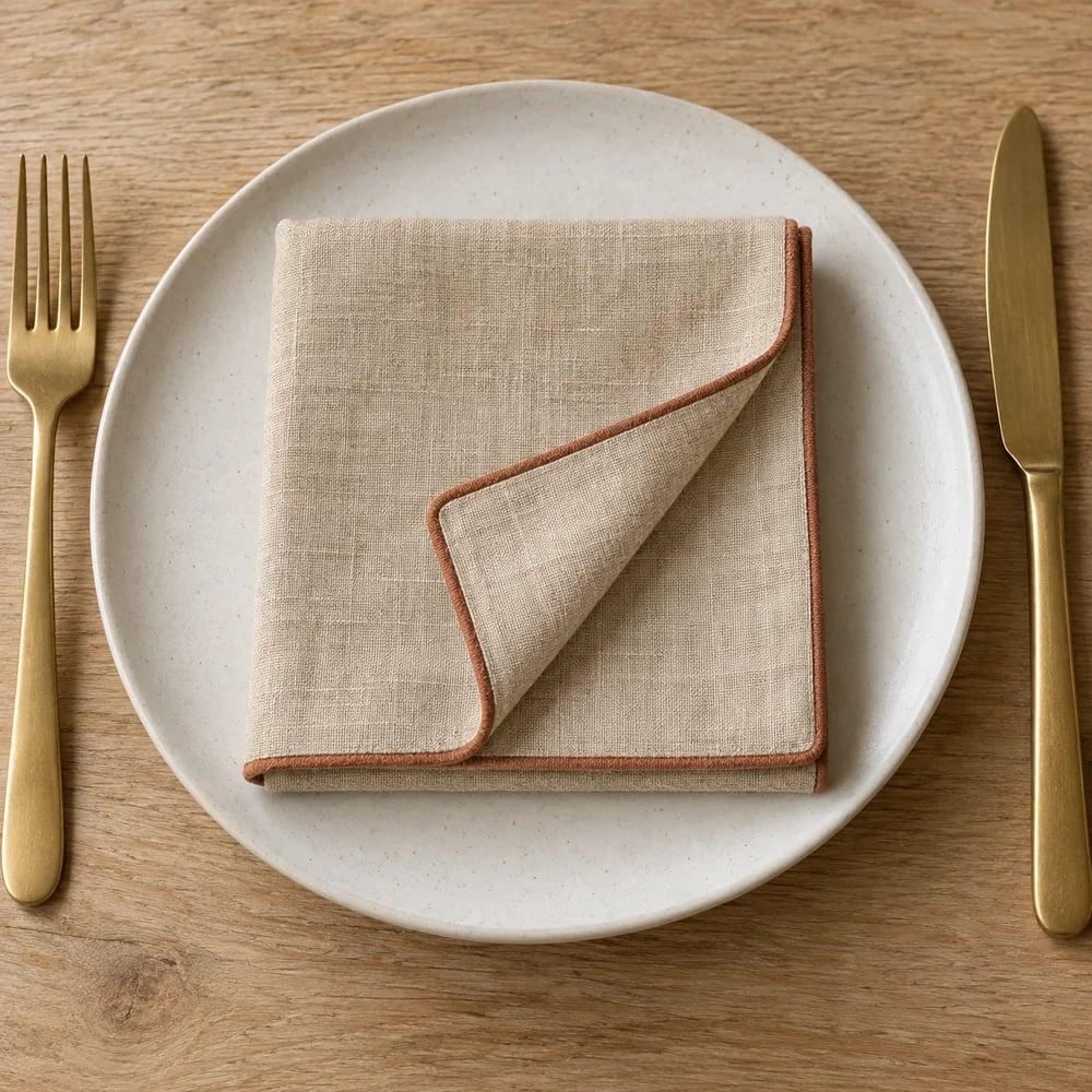 Natural linen dinner napkin, piped edge