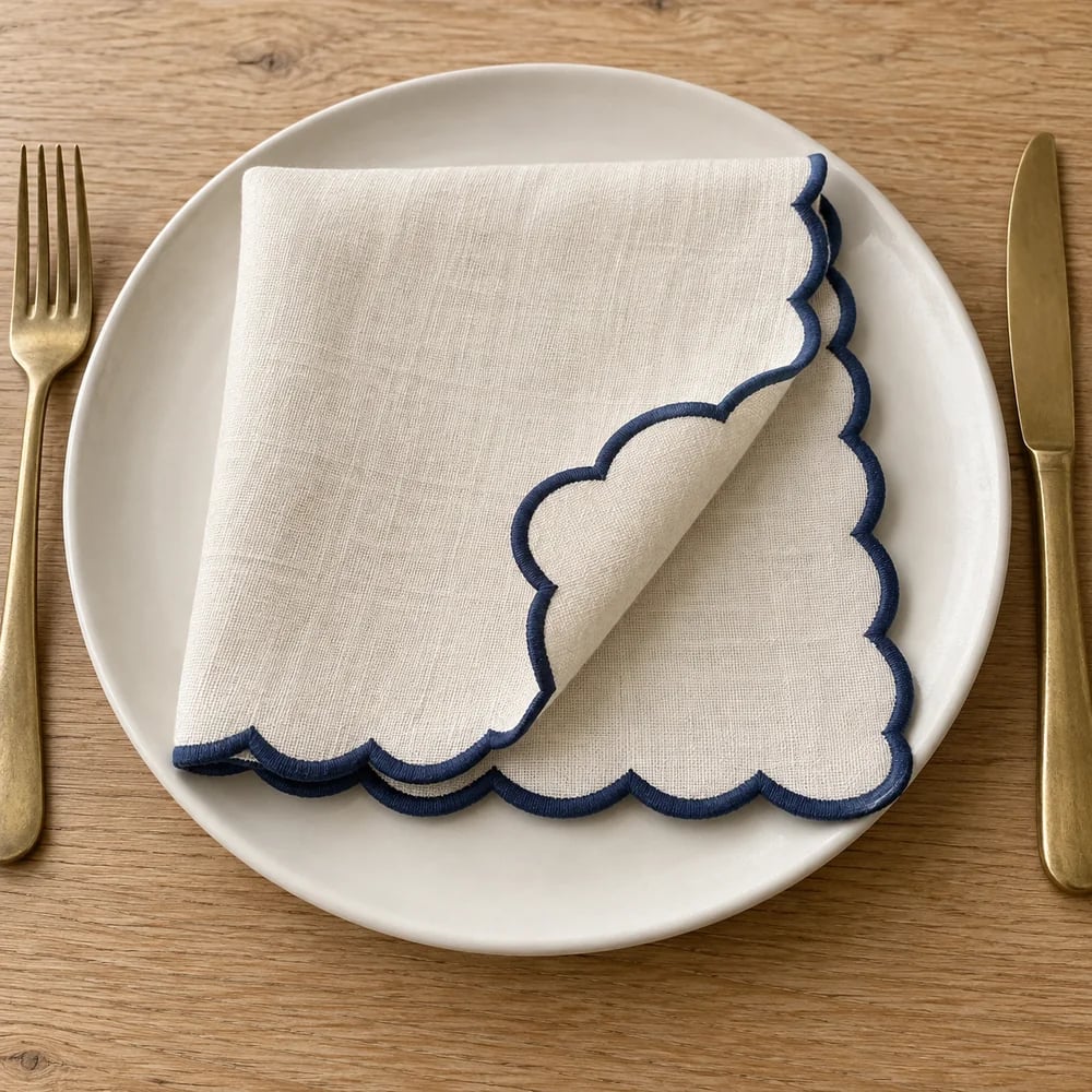 Ivory dinner napkin, scalloped edge