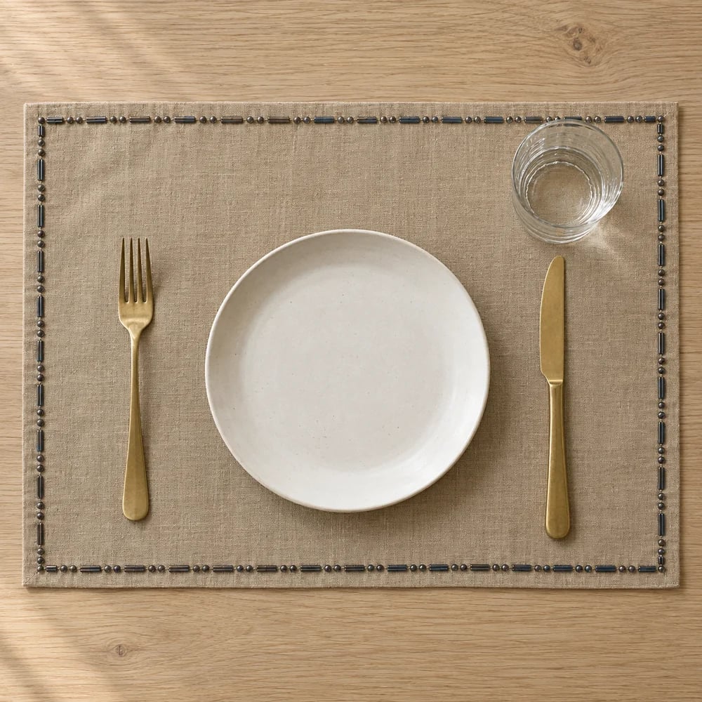 Flax placemat, bead embroidery