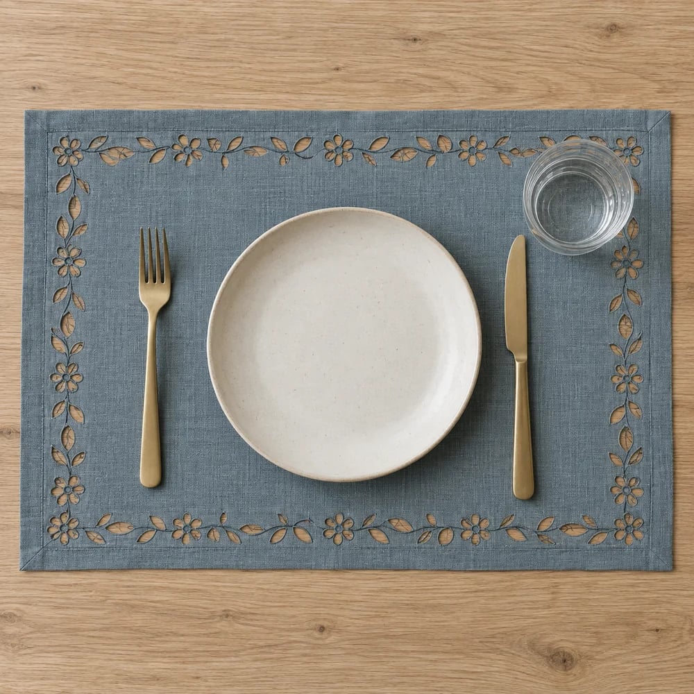 Slate blue placemat, cutwork