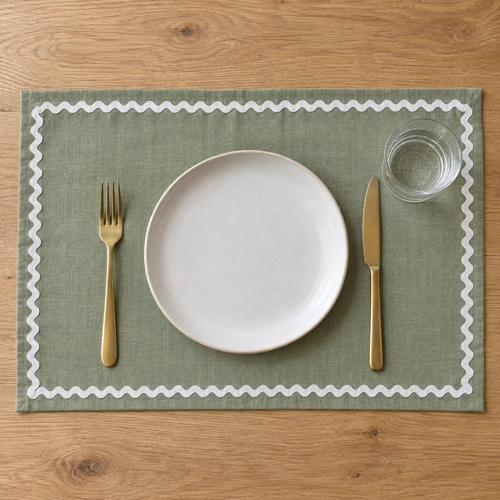 Sage placemat, ric rac trim