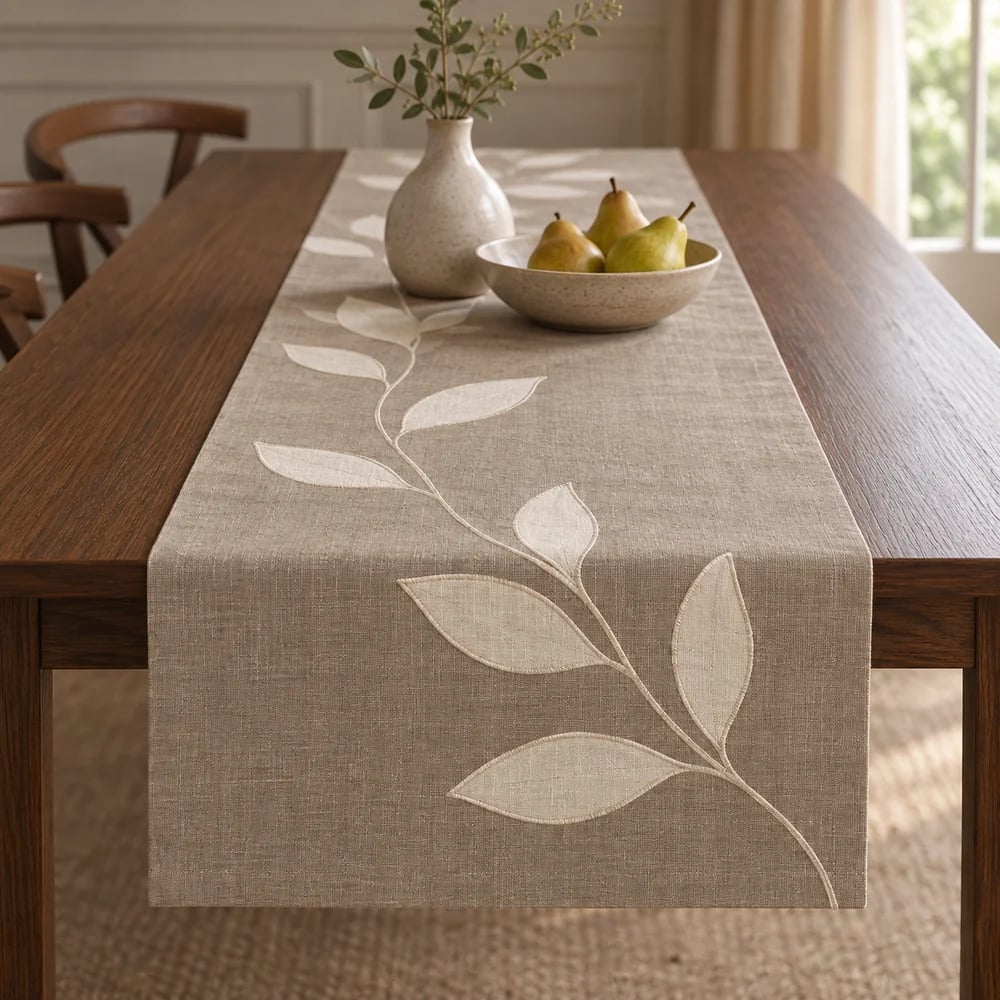 Taupe table runner, appliqué