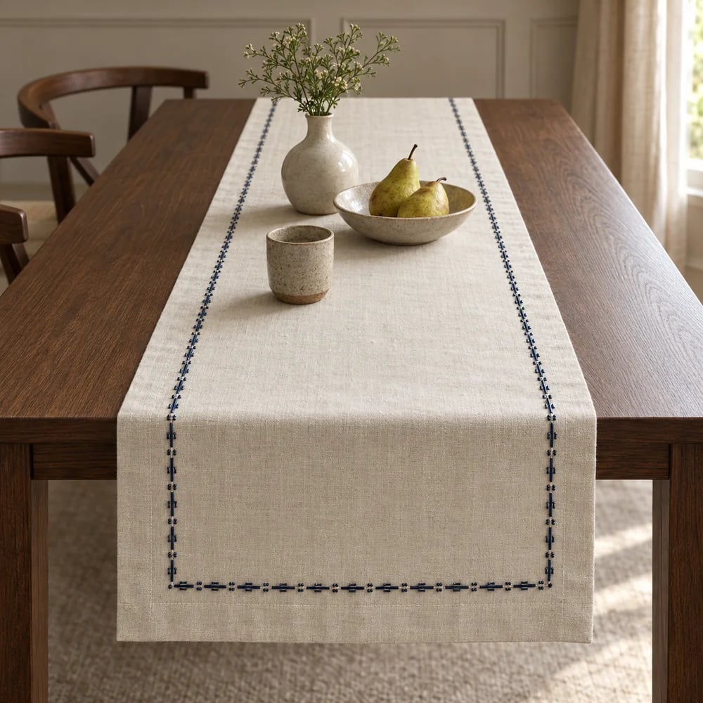 Ivory table runner, bead embroidery