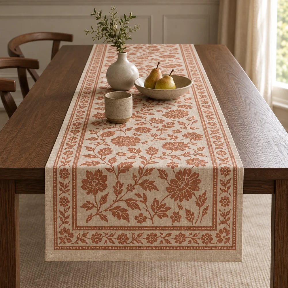 Natural linen table runner, hand block printed