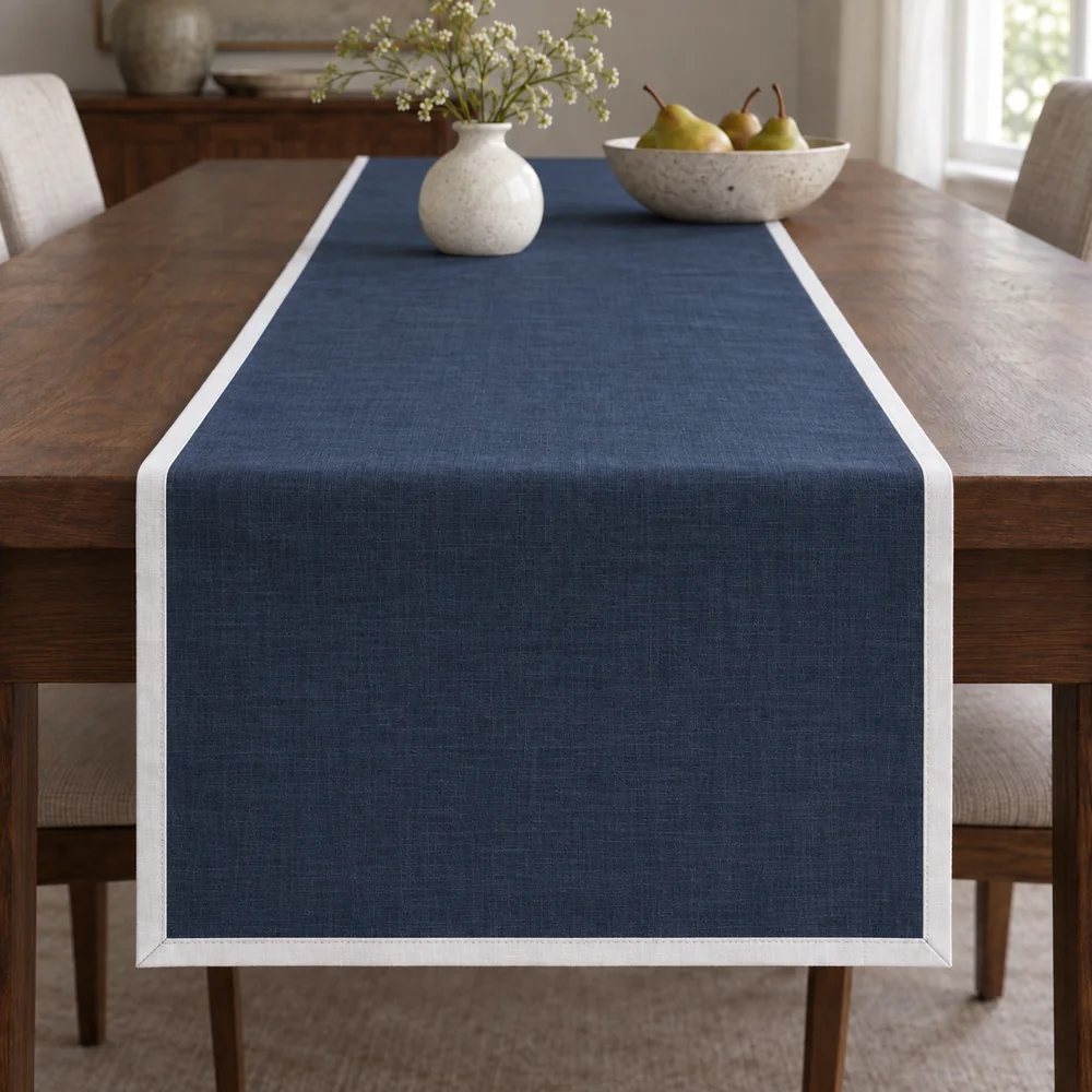 Navy table runner, contrast bound edge