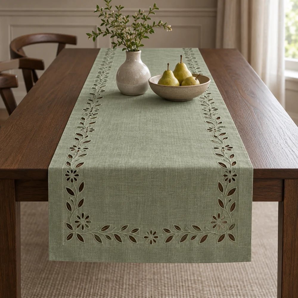 Sage table runner, cutwork