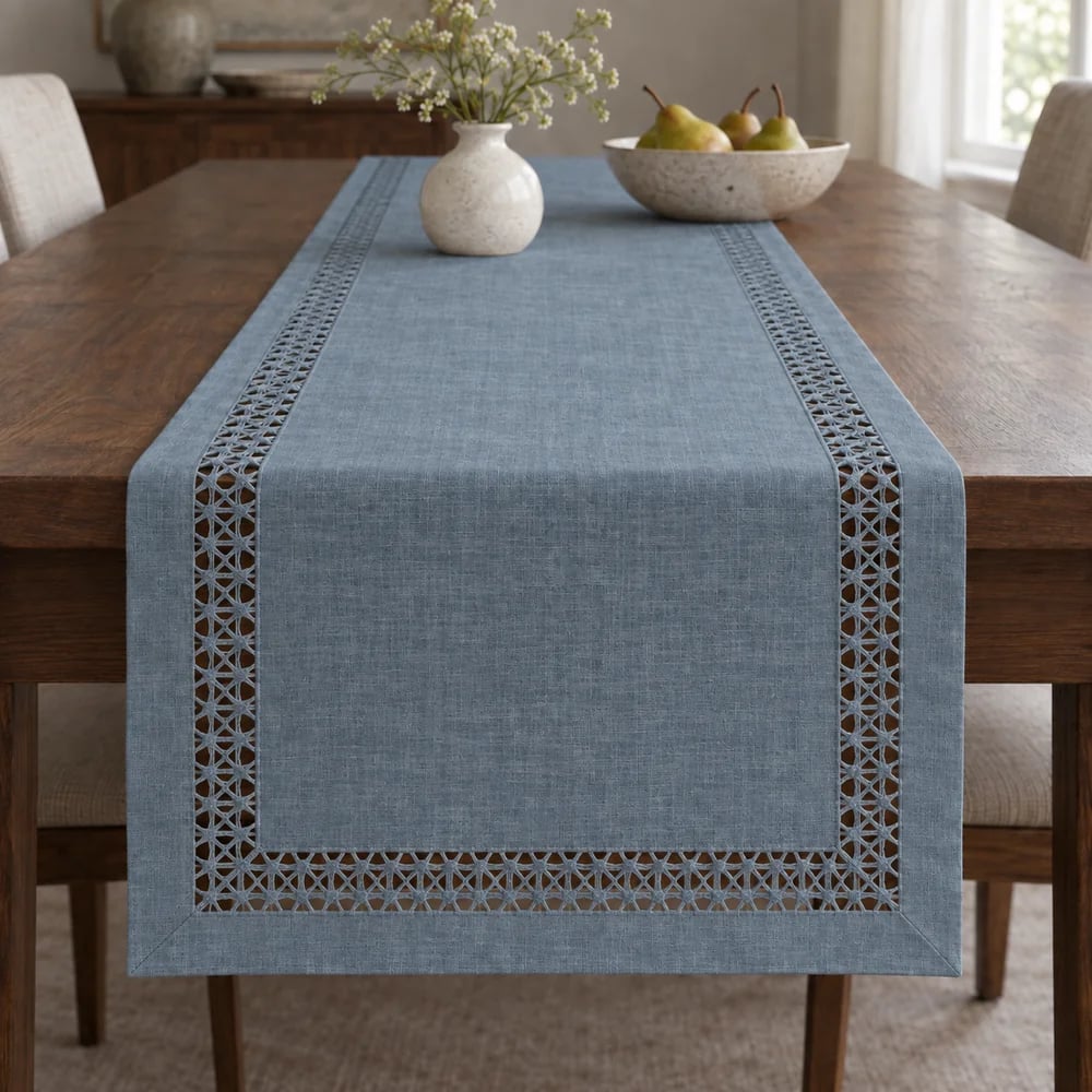 Slate blue table runner, drawn thread work