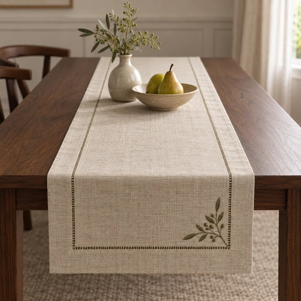 Oatmeal table runner, embroidered