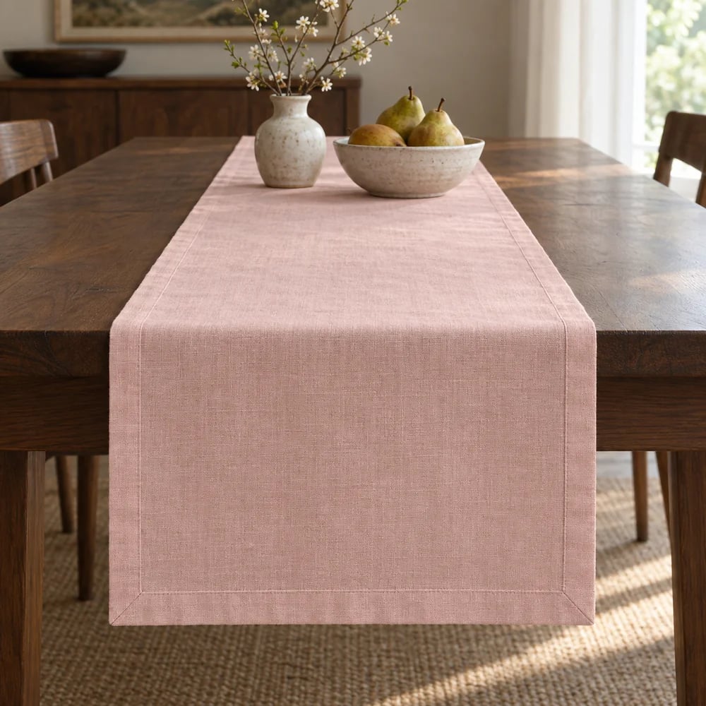 Blush pink table runner, hemmed, mitred corners