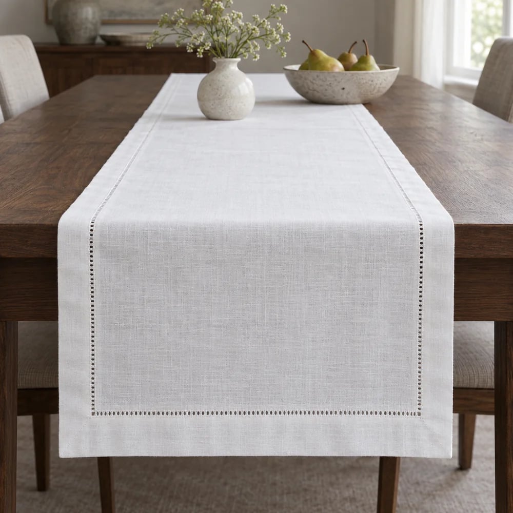 White table runner, hemstitched