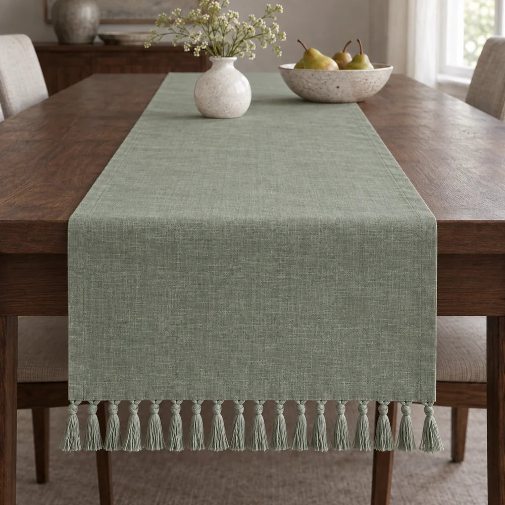 Eucalyptus table runner, knotted fringe