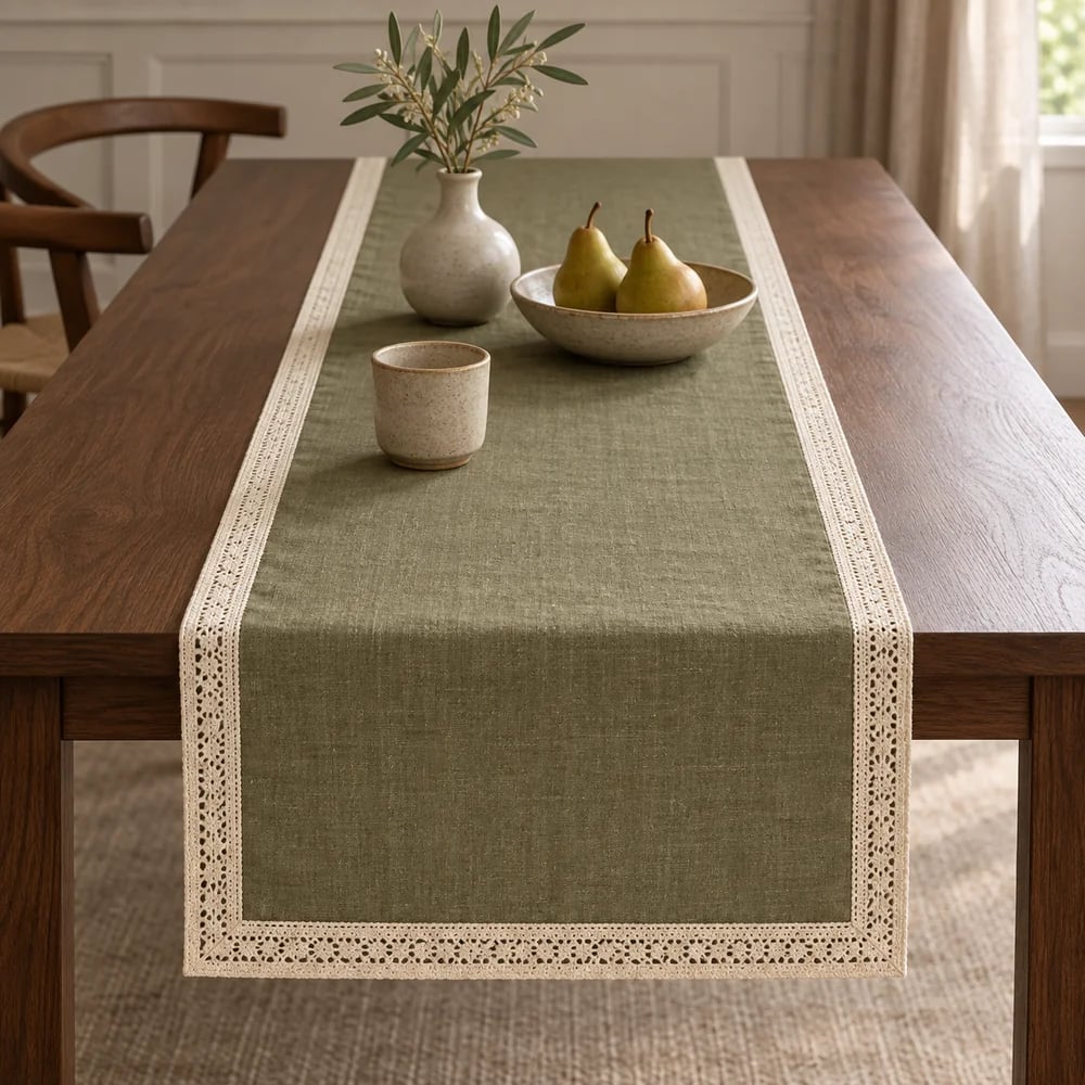 Olive table runner, lace trim