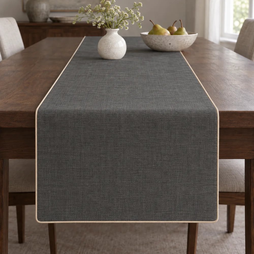 Charcoal table runner, piped edge