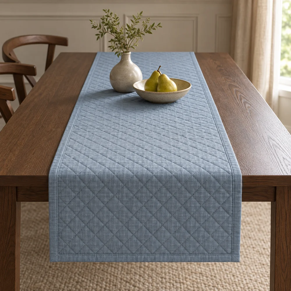 Muted blue table runner, quilted