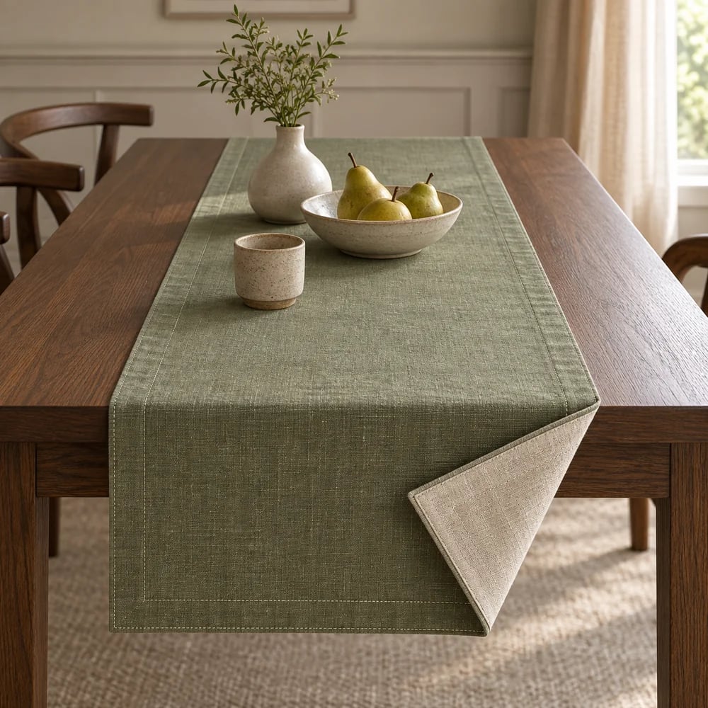 Olive table runner, reversible