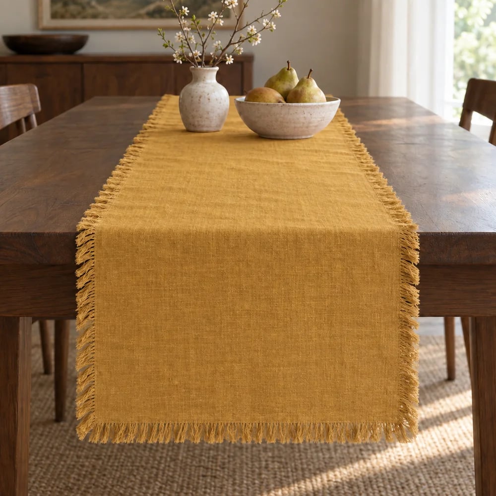 Ochre table runner, self fringed