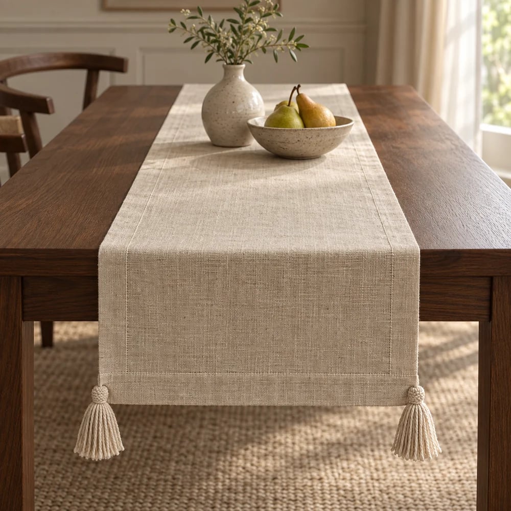 Natural linen table runner, tassels