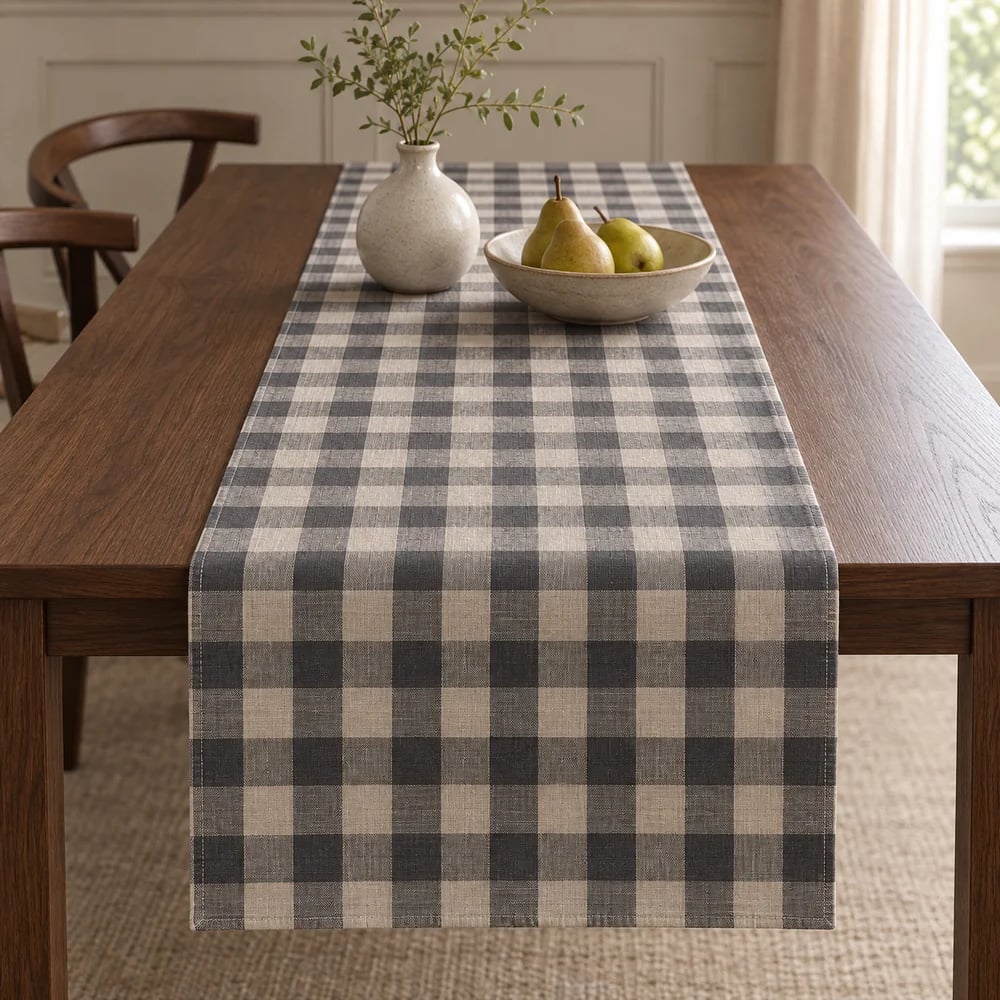 Charcoal table runner, yarn dyed check
