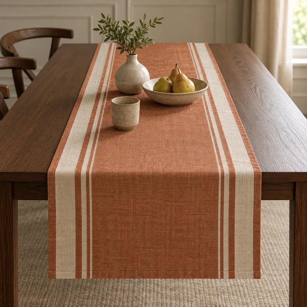 Terracotta table runner, yarn dyed stripe