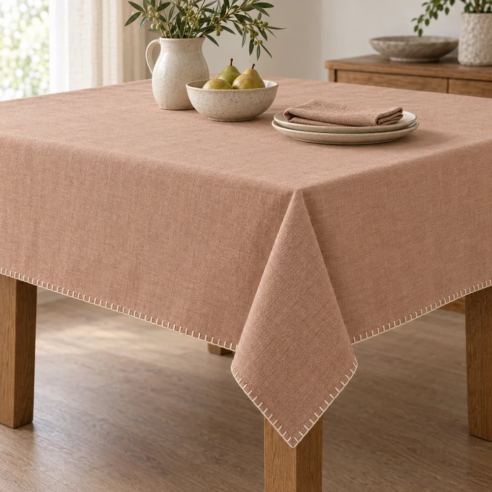 Clay tablecloth, blanket stitch edge